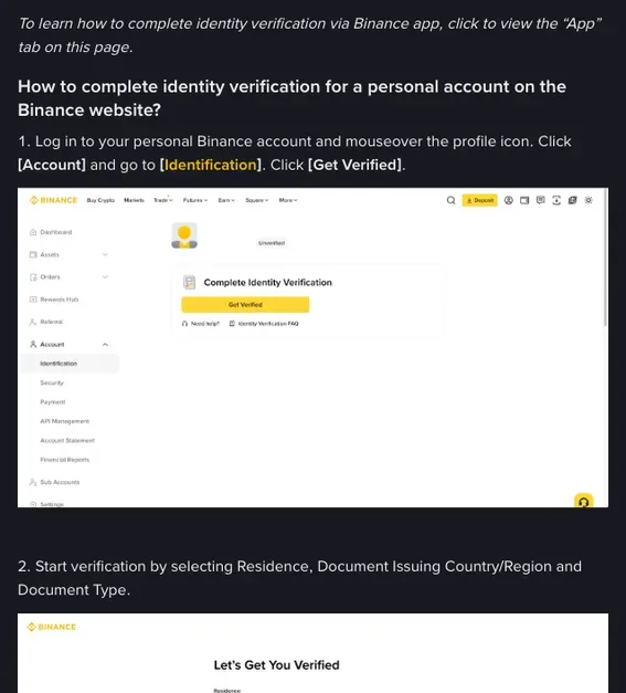 Binance help page on personal identity verification: step 1 with the Identification page and a Get Verified button, then the step 2 instruction and the top of the Let's Get You Verified form
