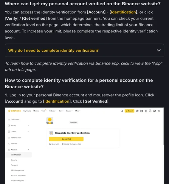 Binance help page section on where to get verified on the website, followed by step 1: the account dashboard with Identification selected, an Unverified label and a yellow Get Verified button