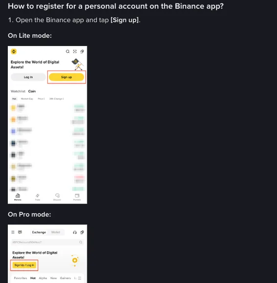 Binance help page How to Register on the Binance App, step 1 telling you to open the app and tap Sign up, with example screens for Lite mode and Pro mode and the sign-up button boxed in red on each